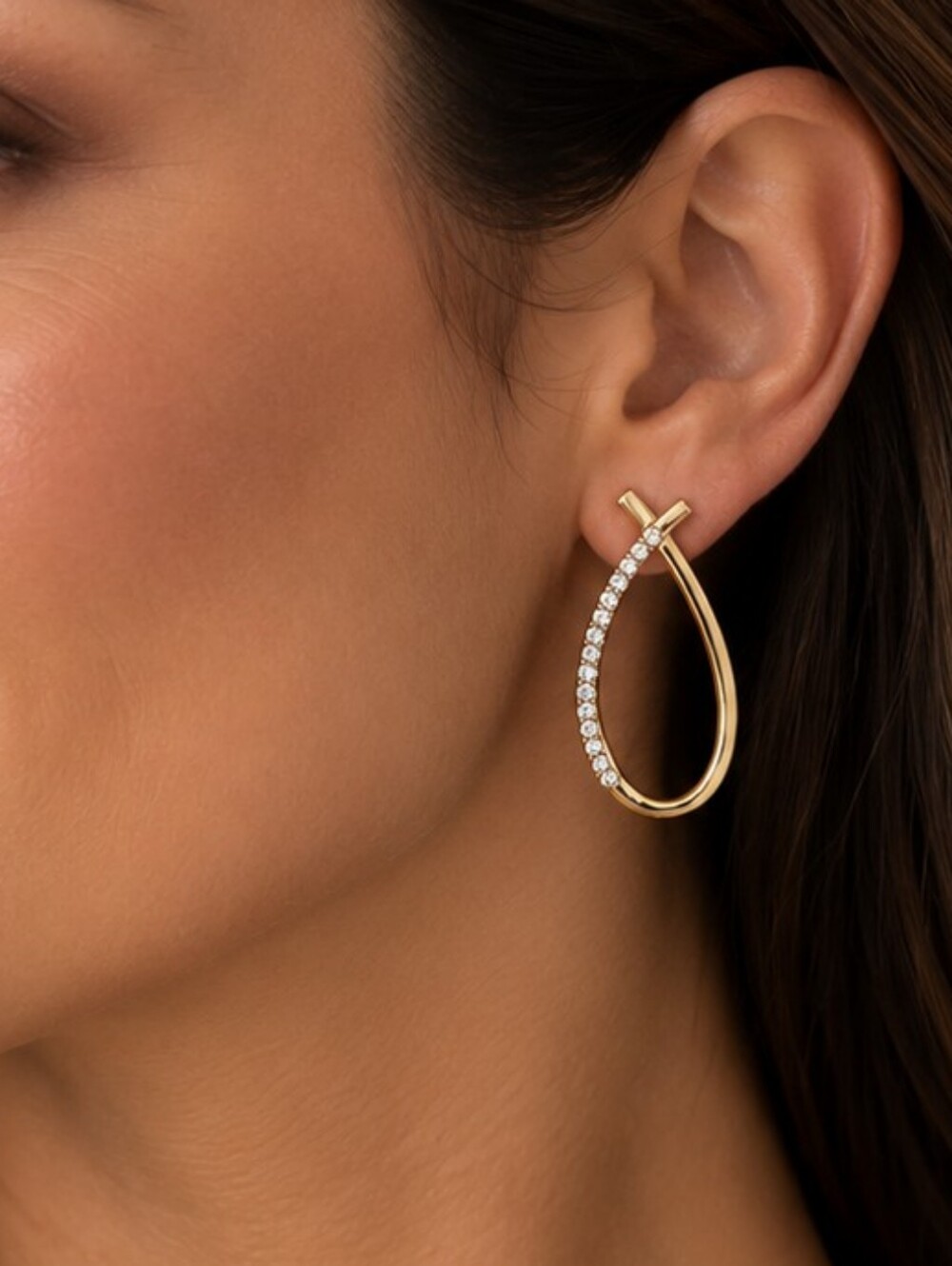 💎 Gold Tone Rhinestone Teardrop Hoop Statement Earrings Elegant VGUC
